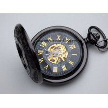 Премиум черный выгравированы механические карманные часы с цепочкой